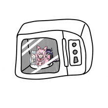 a black and white drawing of a microwave with three anime characters inside