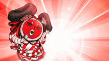 a red and white cartoon character singing into a microphone with a red background