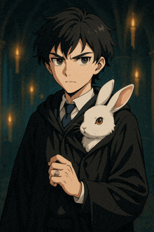 a boy holding a white rabbit in his sleeve