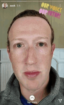 a close up of a man 's face with the words our voice our future above him