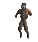 a man in a brown jacket and brown pants is dancing .