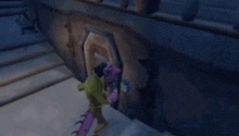 a cartoon character is coming out of a hole in a wall in a game .