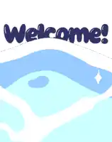 the word welcome is on a blue background with waves