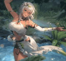 a girl in a white dress is standing in a stream