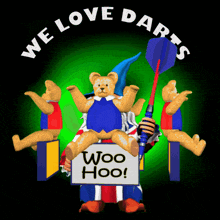 a teddy bear holding a sign that says " woo hoo "
