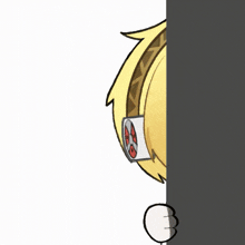 a cartoon drawing of a girl with yellow hair and blue eyes peeking over a wall