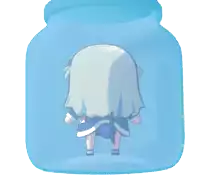 a cartoon of a girl holding a fish in a jar
