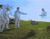 a group of people standing on top of a grassy hill with one man pointing