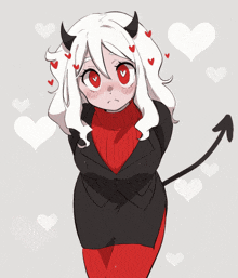 a drawing of a demon girl with horns and hearts around her