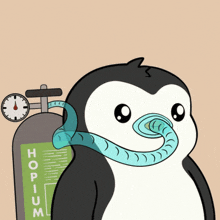 a penguin is wearing an oxygen mask next to a bottle that says hopium on it