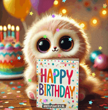 a stuffed animal is holding a birthday card that says happy birthday