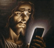a painting of jesus using a cell phone