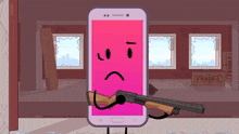 a cell phone with a sad face is holding a shotgun in front of a fragile box