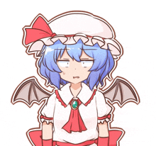 a drawing of a girl with blue hair and wings making a funny face