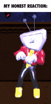 a pixel art drawing of a robot with the words " my honest reaction " below it