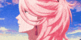 a close up of a person 's face with long pink hair