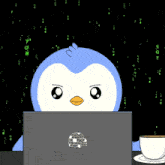 a penguin sits in front of a laptop with the word pengu on it