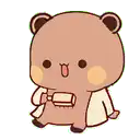 a brown teddy bear is sitting down and holding a piece of bread .