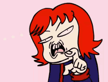 a cartoon of a woman with red hair pointing at something
