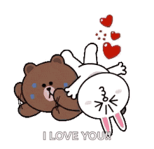 a brown bear and a white rabbit are laying on top of each other with hearts coming out of their butts .