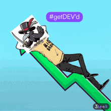 a cartoon of a man laying on a green line with a crow on his head and the words #getdev 'd