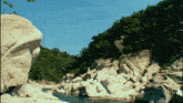 a river runs through a rocky area with trees on the hills
