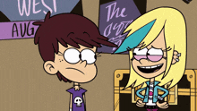 two cartoon characters standing next to each other with a sign that says west aug