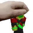 a pixel art of a hand holding a toy in a red and yellow outfit .
