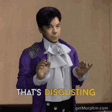 a man in a purple jacket and white shirt says " that 's disgusting "