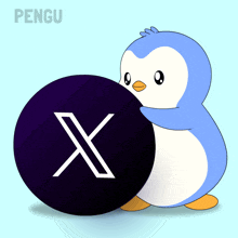a penguin is standing next to a black ball with a white x on it