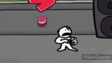 a cartoon character is singing into a microphone in front of a green arrow and speakers .