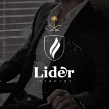 a man in a suit is sitting in front of a window with the word lider on the bottom