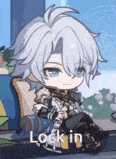a cartoon character with white hair and blue eyes is sitting on a couch with the words lock in below him