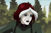 a cartoon drawing of rogue with red hair and blue eyes