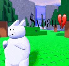 a white rabbit is standing in a grassy field with a broken heart in the background .