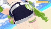 a video game character is standing on a beach with a sign that says #holonatsuparadise on it