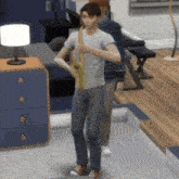 a man is playing a saxophone in a living room while another man plays a piano .