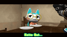 a cartoon cat with glasses sits at a table and says katie but ...
