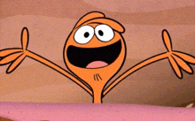 a close up of a cartoon character with his arms outstretched .