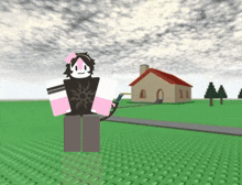 a cartoon character is standing in front of a house in a field