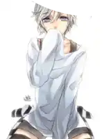 a drawing of a boy with blue eyes covering his face with his hand