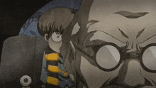a cartoon drawing of a man with glasses and a boy