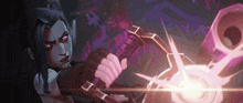 a woman with purple eyes is holding a sword in her hand