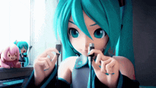 a cartoon girl with blue hair is holding a cord