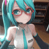hatsune miku is a female anime character with glasses and a headset