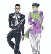 two men are standing next to each other and holding hands .