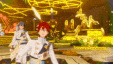 a group of anime characters are standing in front of a stage with a sign that says crazy b on it