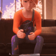 a cartoon character is sitting on a couch looking at a book