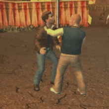 two men are fighting in front of a sign that says ' weap ' on it
