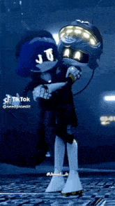 a cartoon character is holding another cartoon character in a dark room .